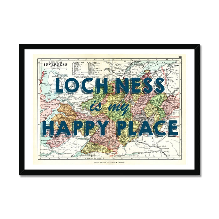 Loch Ness Map Print - My Happy Place Navy Framed Print