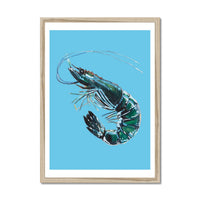 Prawn Art Print | Shellfish Kitchen Wall Art | Prawn Painting on Blue Background - Framed