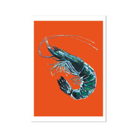 Prawn Print | Shellfish Kitchen Wall Art | Prawn Painting on Orange Background - Unframed