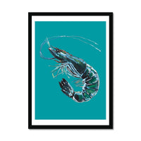 Prawn Painting | Shellfish Kitchen Art Print | Prawn Print on Green Background - Framed