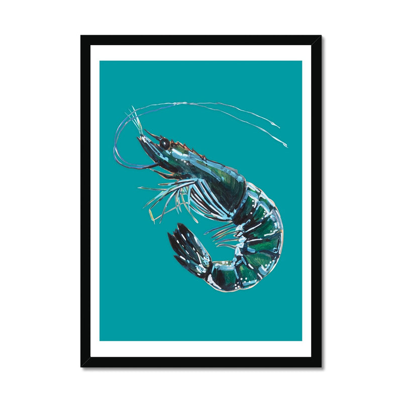 Prawn Painting | Shellfish Kitchen Art Print | Prawn Print on Green Background - Framed