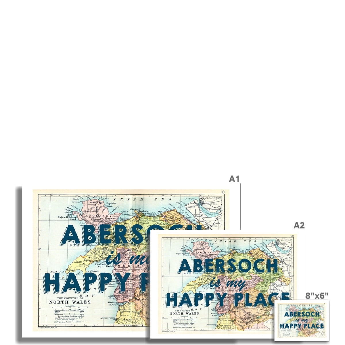 Abersoch is my Happy Place Quote on Vintage North Wales Map Print - Unframed