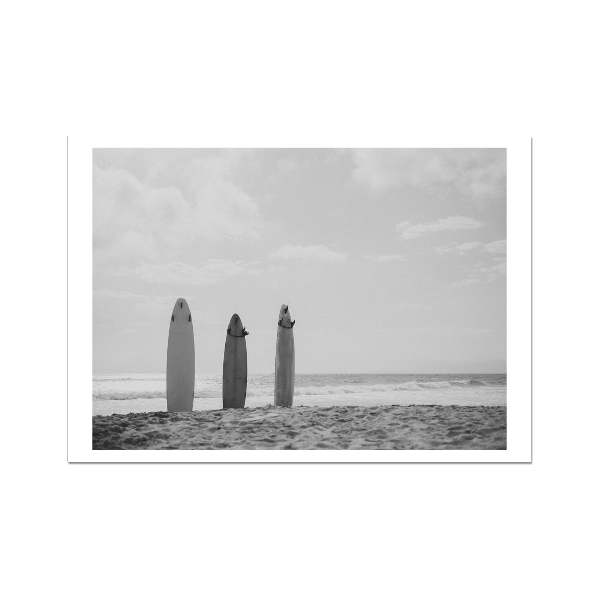 Three Surfboards In the sand photo | Black & White Photography Print - Unframed Wall Art